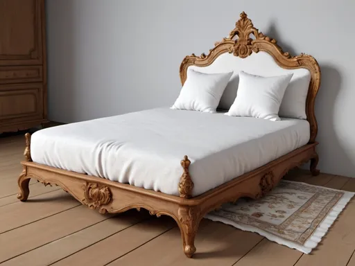 Prompt: a bed with a white pillow and a wooden frame with a white pillow on top of it and a rug on the floor, Betye Saar, rococo, 3 d model, a 3D render