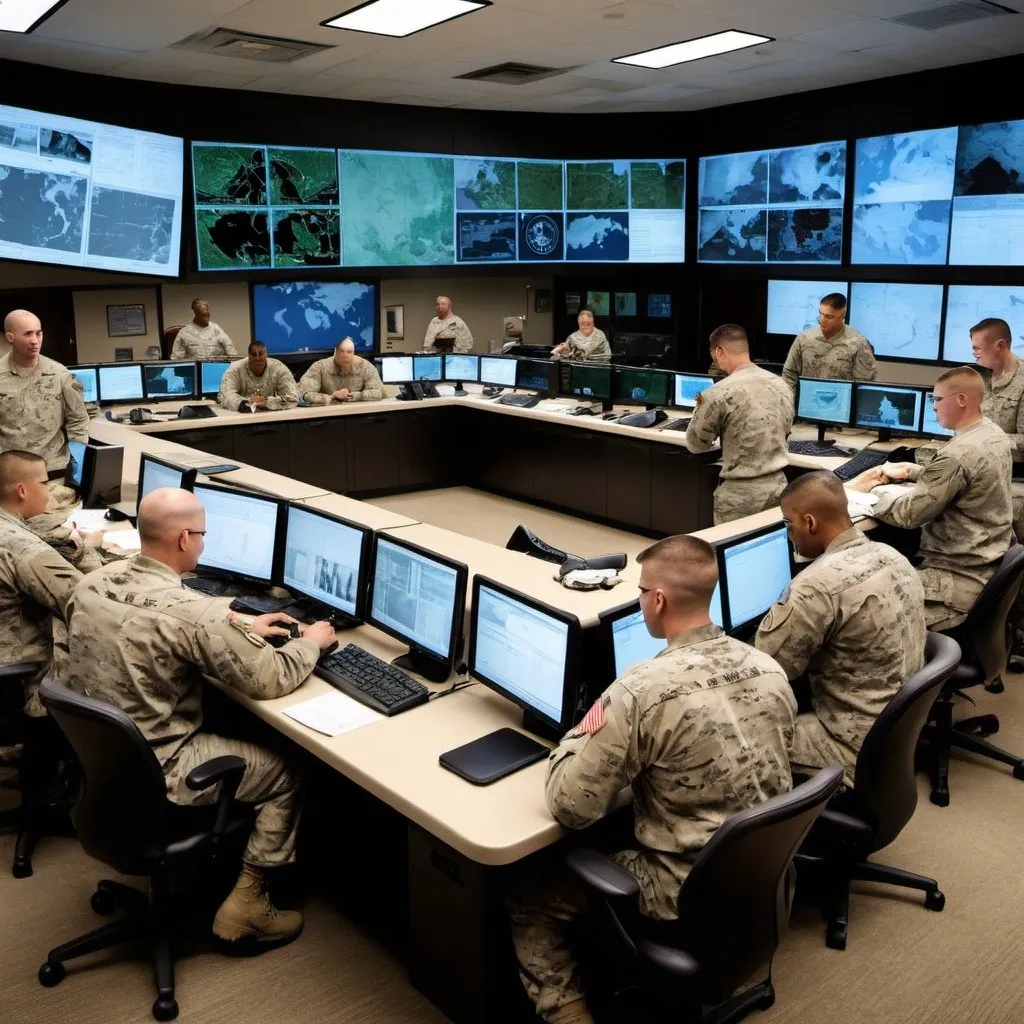 Prompt: Create a picture of U.S. Service Members working in a joint operations center.