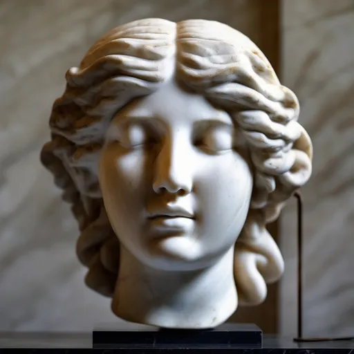 Prompt: marble sculpture serene face. hellenistic 1st century AD, soft lighting. Female form, anatomically correct 