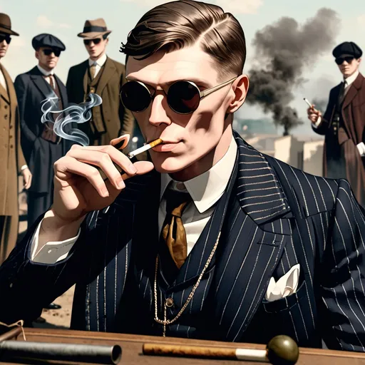 Prompt: thomas shelby with cool sunglasses smoking a ciggarette with a bomb in the background