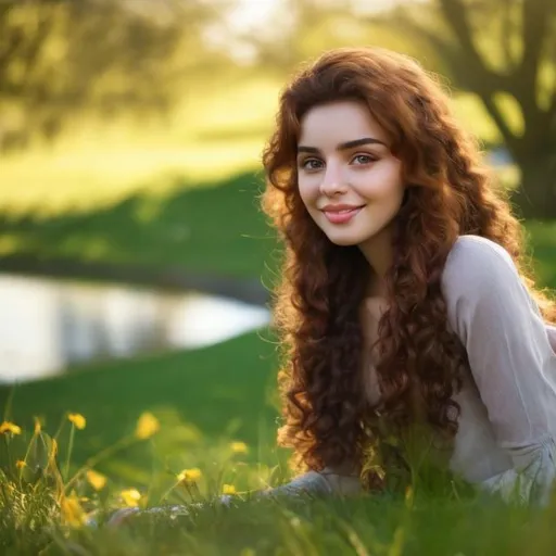 Prompt: An innocent pure young muslim woman , long auburn curly hair sitting in grass next to a stream, springtime scene, trees, landscape view, photorealistic, best quality