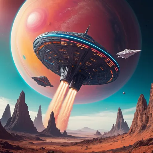 Prompt: giant spaceship flying to multi colored planet to save humanity