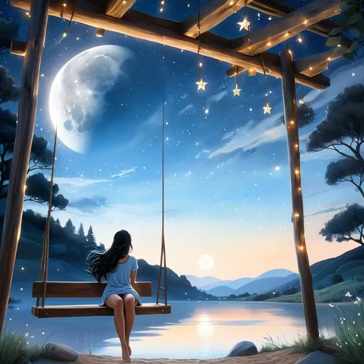 Prompt: Photorealistic of a serene night scene. In the foreground a young girl with long black hair, sitting on a wooden swing under a rustic shelter, looking up at a large bright moon and a sky full of stars. She is barefoot and has her back to us. The background features a picturesque landscape with hills, a river, and a distant town illuminated by lights. A small cat sits nearby, also looking toward the moon. The overall color palette is dominated by various shades of blue, creating a calm and peaceful atmosphere.