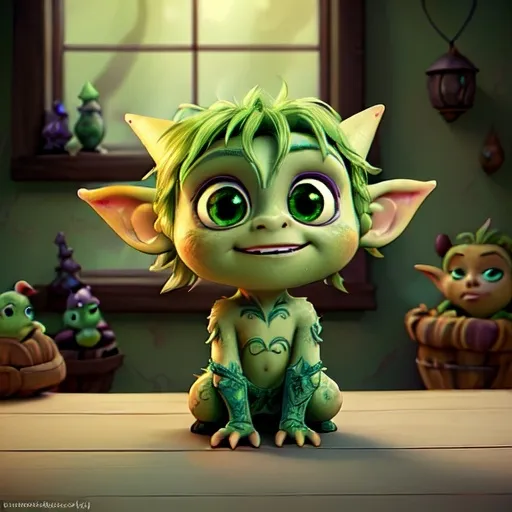 Prompt: (fantasy style), small cute green goblin, gazing curiously out the window, intricate details on the goblin's features, vibrant green skin, large expressive eyes, whimsical expression, cozy interior background, soft warm light streaming through the window, enchanting atmosphere, richly detailed textures, HD, ultra-detailed.