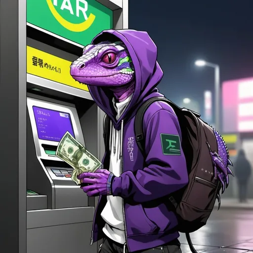 Prompt: Anime cyberpunk style, a lizard with purple skin, wearing a hoodie and carrying a Samori sward in his backpack waits at an ATM that is spitting money out all over