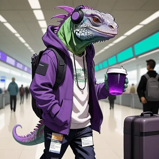 Prompt: Anime cyberpunk style, an iguana with purple skin, wearing a hoodie and headphones, he is carrying a laptop, as he walks through an airport pulling his luggage and carrying his ticket.  he is holding a large cup filled with purple  liquid that is foaming over the top.