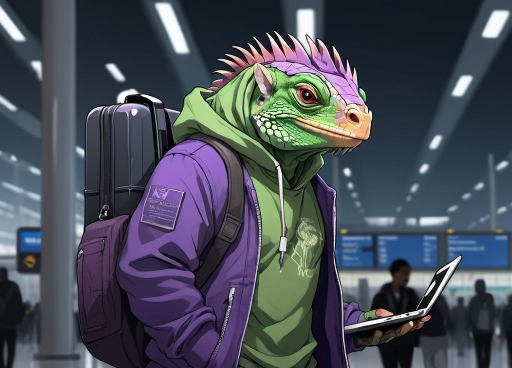 Prompt: Anime cyberpunk style, an iguana with purple skin, wearing a hoodie and headphones, he is carrying a laptop, as he walks through an airport pulling his luggage and carrying his ticket.