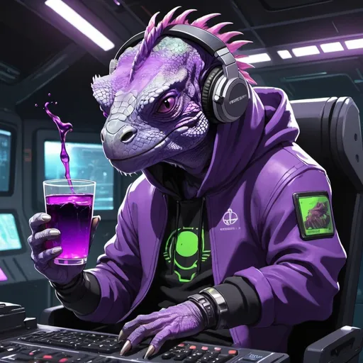 Prompt: Anime cyberpunk style, an iguana with bright purple skin, wearing a hoodie and headphones, he is sitting at the controls of a spaceship. he is holding a large cup filled with purple  liquid.