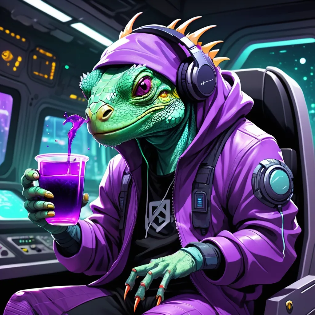 Prompt: Anime cyberpunk style, an iguana with bright purple skin, wearing a hoodie and headphones, he is sitting at the controls of a spaceship. he is holding a large cup filled with purple  liquid.