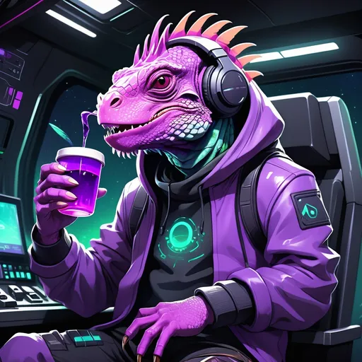 Prompt: Anime cyberpunk style, an iguana with bright purple skin, wearing a hoodie and headphones, he is sitting at the controls of a spaceship. he is holding a large cup filled with purple  liquid.