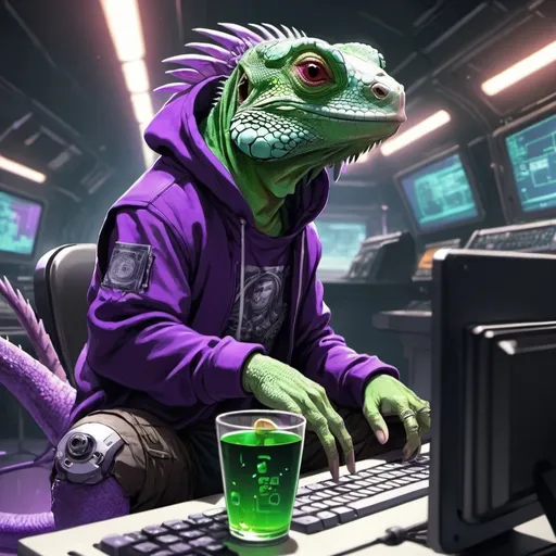 Prompt: Anime cyberpunk style, an iguana with bright purple skin, wearing a hoodie and headphones, he is sitting at the controls of a spaceship. there is a large stack of money in front of him on top of the keyboard. he is holding a large cup filled with purple  liquid.