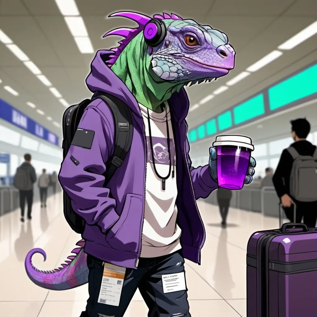 Prompt: Anime cyberpunk style, an iguana with purple skin, wearing a hoodie and headphones, he is carrying a laptop, as he walks through an airport pulling his luggage and carrying his ticket.  he is holding a large cup filled with purple  liquid that is foaming over the top.