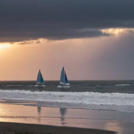Prompt: pacific ocean beach at sunset with catamarans at different distances and rainstorm far away