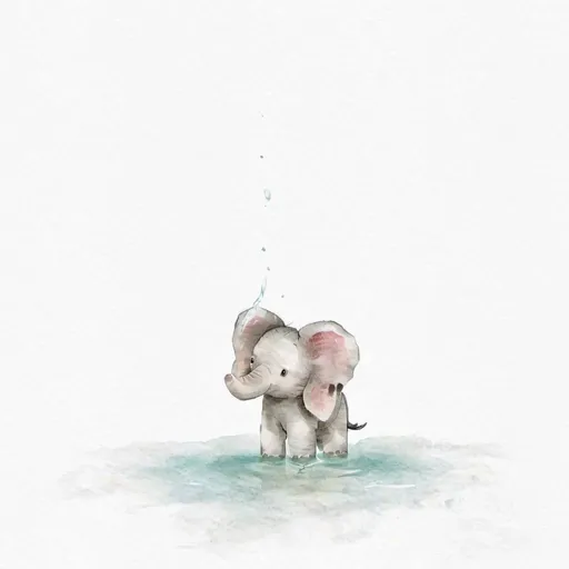 Prompt: How about a playful baby elephant splashing in a shallow watering hole? The elephant could be depicted joyfully spraying water with its trunk, while its ears flap in excitement. The watercolor effect could capture the essence of whimsy and innocence, with soft pastel hues and gentle brushstrokes conveying the playful nature of the scene.