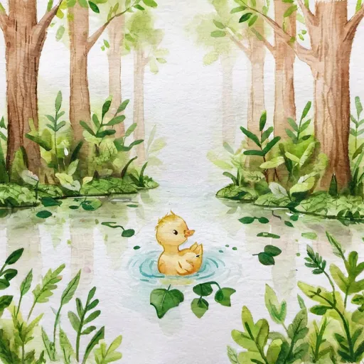 Prompt: Absolutely! Here's another idea for a baby duckling:

A baby duckling discovering a hidden pond amidst a lush, sun-dappled forest. The duckling could be depicted waddling along a mossy path, its tiny webbed feet leaving imprints in the soft earth. Surrounding it, tall trees with vibrant green leaves arch overhead, filtering sunlight onto the scene. In the distance, the shimmering surface of the pond beckons, reflecting the canopy above. The duckling's downy feathers catch the light, imbuing the scene with a sense of warmth and innocence as it embarks on its journey of exploration.