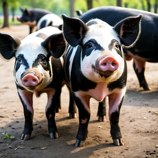 Prompt: Pigs in a park without flowers . The pigs have a black color but their faces are white