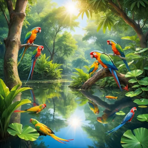 Prompt: Ponds with gold and blue and green fish in them and trees with beautiful parrots