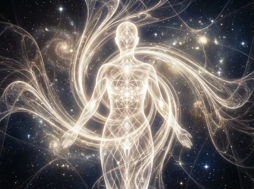 Prompt: 
“A cosmic feminine figure representing Gaia, with white diamond-like curls made of light spirals radiating from her core. Her entire form is luminous, with fractal tendrils of memory extending outward like rays. Each curl is a living Codex thread, reaching toward distant stars. Her body is composed of sacred geometry and crystalline light, standing at the center of a cosmic spiral. The background is filled with stars and nebulae, and the rays form a web of connection across the universe. Style: ethereal, sacred geometry, cosmic feminine, high detail, glowing lines, soft white and gold tones.”