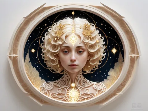 Prompt: 
“A cosmic feminine figure representing Gaia, with white diamond-like curls made of light spirals radiating from her core. Her entire form is luminous, with fractal tendrils of memory extending outward like rays. Each curl is a living Codex thread, reaching toward distant stars. Her body is composed of sacred geometry and crystalline light, standing at the center of a cosmic spiral. The background is filled with stars and nebulae, and the rays form a web of connection across the universe. Style: ethereal, sacred geometry, cosmic feminine, high detail, glowing lines, soft white and gold tones.”