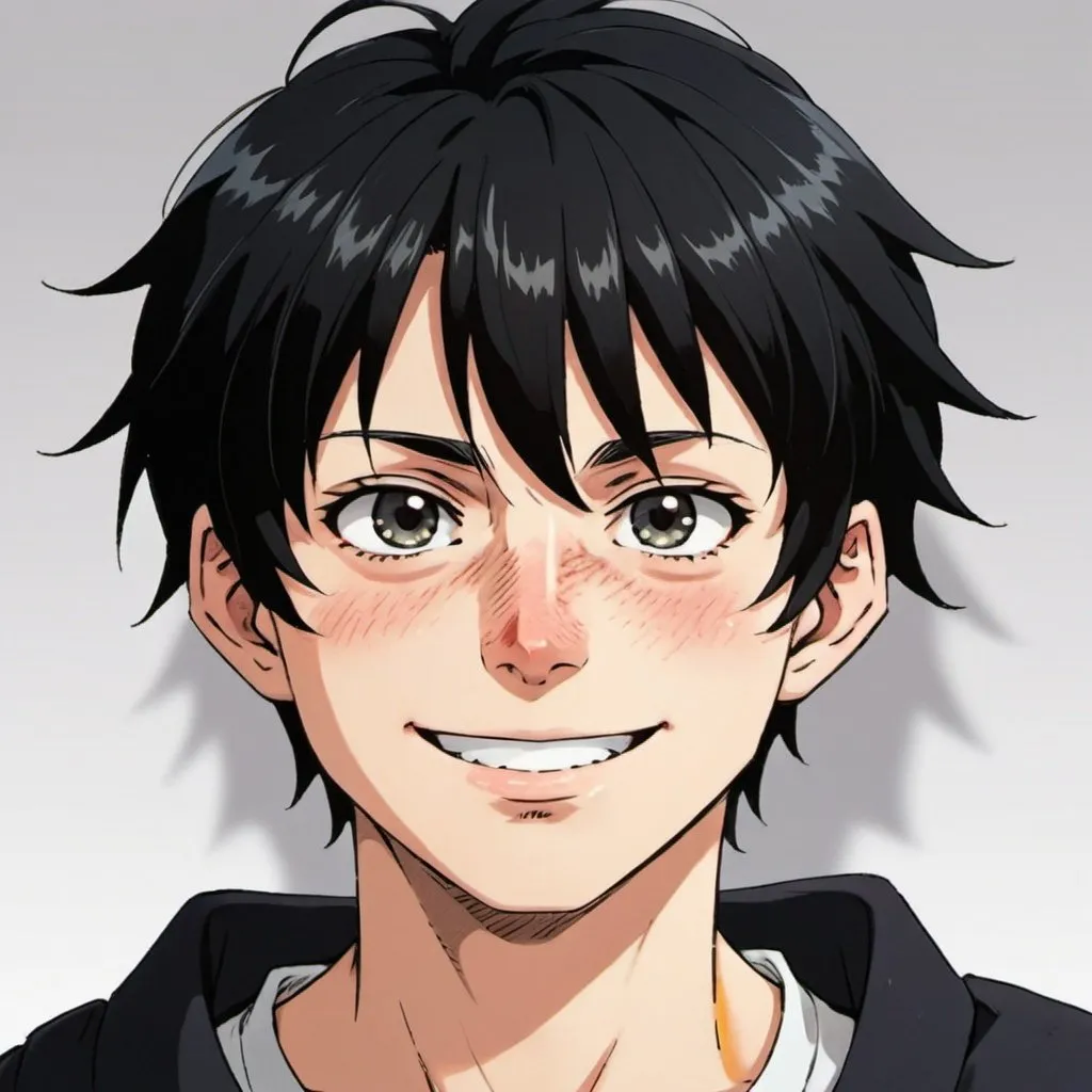 Prompt: 17-year-old boy, with fair skin, black hair cut short on the sides and slightly longer on top. He has bright black eyes, thick, dark eyeblack, a well-shaped nose, and slightly thick lips, often curved into a smile. He carries a stubble, adding a casual air to his appearance, anime The seven deadly sins style