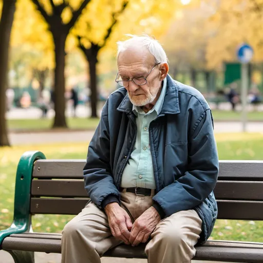 Prompt: An old man with dementia sitting on a park bench