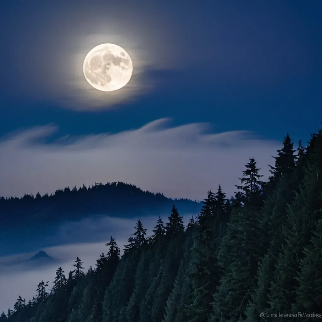 Prompt: Full moon over Olympic mountains with forest and mist