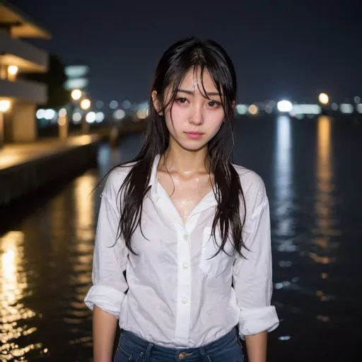 Prompt: japanese girl, 20yo, standing in waterfront, night, dripping wet, soaked, white shirt, jeans