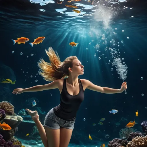 Prompt: full body image of a 20yo slovak woman, underwater,deep ocean, fishes, full body pic, floating underwater, air bubbles, far underneath the surface, black tank top. Photorealistic. Full-colored photo. Professional photo. Highly detailed 8K.
