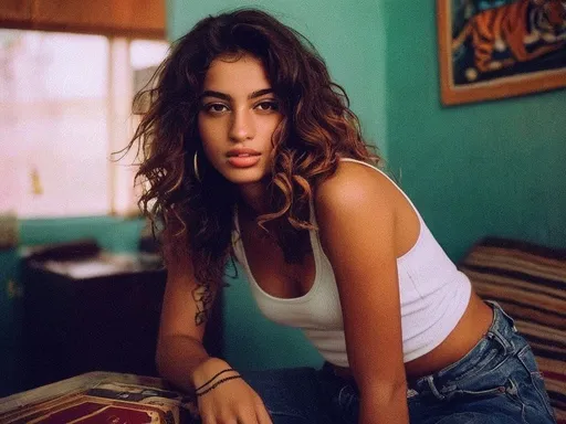 Prompt: half arab half latina woman, 21yo, slim, skinny, nice complexion, white tank top, short pants,  long wavy hair, strong jawline, mischievous expression on face,  tattoo of tiger on her left arm, dark room, red mood lighting, steamy,