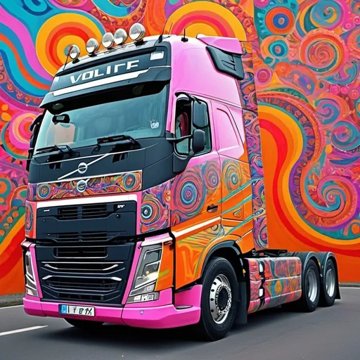 Prompt: psychedelic art, Volvo FH, vibrant colors, garish colors, intricate patterns