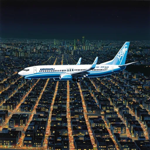Prompt: hiroshi nagai,  boeing 737-800, takeoff, above city lights