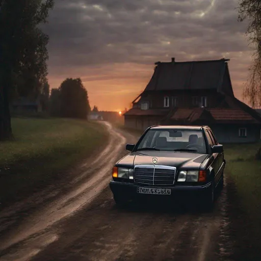Prompt: Mercedes W124 E500, sunset, lithuania, village,  dark, 4k, photorealistic, cinematic shot, atmospheric, dirt roads