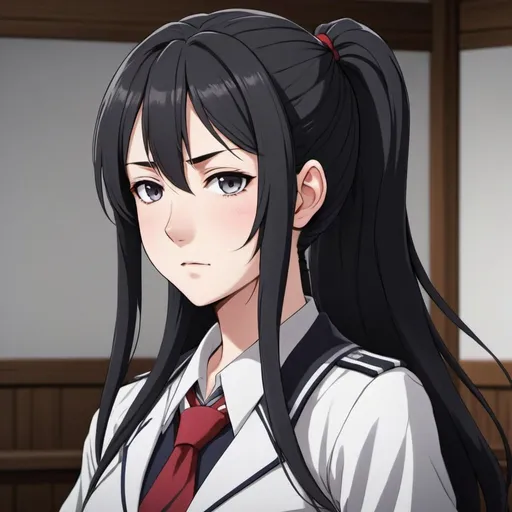 Prompt: Ayano Aishi from Yandere Simulator, pale skin, dark grey eyes, and straight, long black hair that is tied in a high ponytail, two long sideburns in the front that go past her shoulders, small tufts on both sides of her hair, 165 cm in height, 43 kg in weight, white seifuku uniform, very detailed, fullbody anime screencap, cartoon, 2d art, romance novel cover, anime art style, castlevania anime, beserk anime