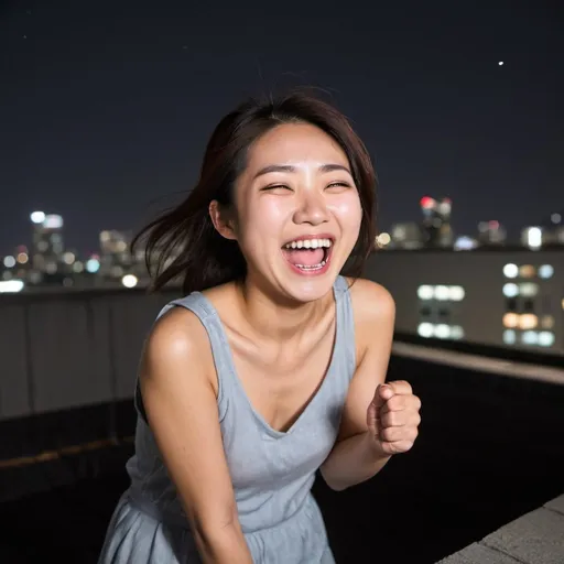 Prompt: young japanese woman laughing maniacally on a roof top at night