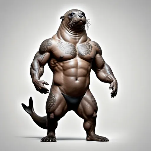 Prompt: An anthropomorphic seal with a muscular  body, tattooed, full-body depiction, standing pose, flexing muscles,