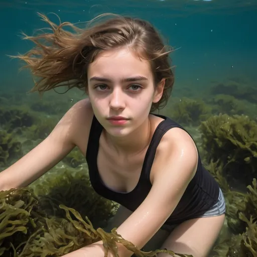 Prompt: french girl drowning underwater, legs tangled in seaweed, 24yo, black sleeveless shirt, 