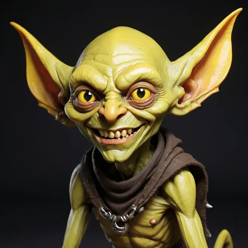 Prompt: yellow colored goblin, Gaunt and wiry, Long, pointed ears and a mischievous grin, 