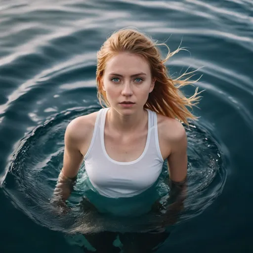 Prompt: portrait from above of 24yo icelandic girl, treading water in the middle of the sea, anxious look on her face, white tank top. Photorealistic. Full-colored photo. Professional photo. Highly detailed 8K.
