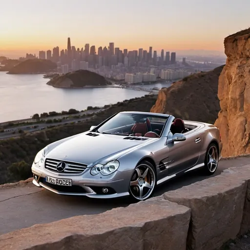 Prompt: pearl grey Mercedes SL55 sitting on the side of a cliff, overlooking a city skyline at sunset