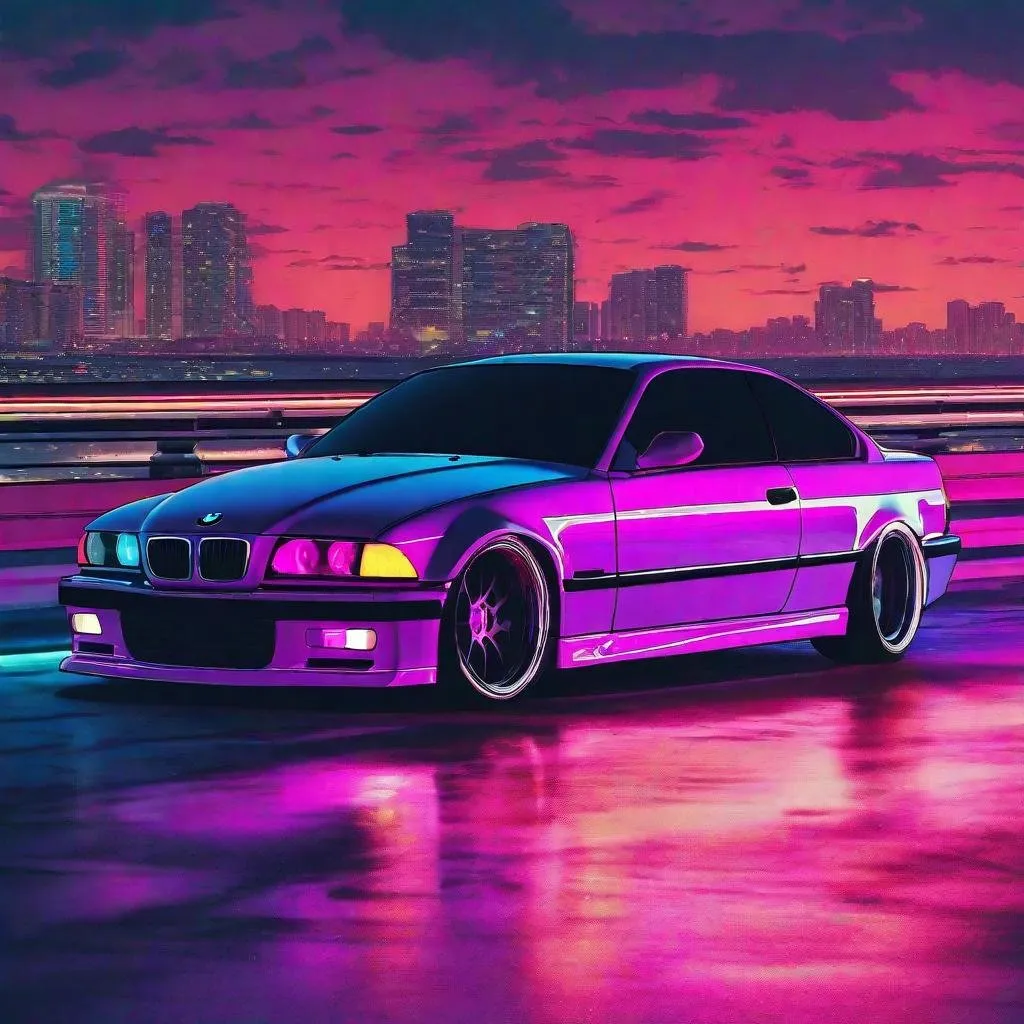 1995 bmw e36 318i coupe, synthwave, aesthetic cyberp...