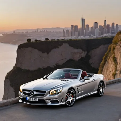 Prompt: pearl grey Mercedes SL55 parking next to a cliff, overlooking a city skyline at sunset