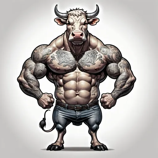 Prompt: An anthropomorphic cow with a muscular  body, tattooed, full-body depiction, standing pose, flexing muscles,