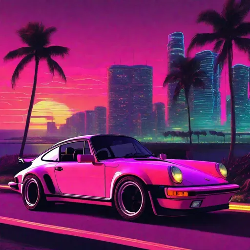 Prompt: 1987 Porsche 911, synthwave, aesthetic cyberpunk, miami, dusk, neon lights, coastal highway, sunset, very detailed