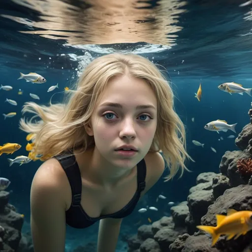 Prompt: deep below the surface, deep underwater scene, ocean, coal reef, beautiful blonde 18yo woman diving deep underwater, holding breath, calm expression on her face, underwater, lots of fish, , photorealistic, full colored photo, highly detailed, lovely details, 8k