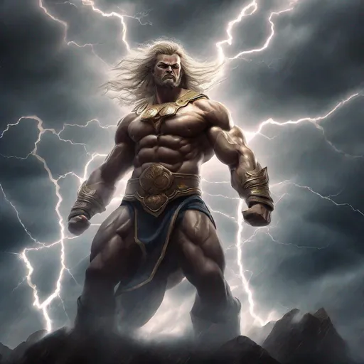 Prompt: Perkūnas, god of thunder, digital illustration, powerful and muscular, wielding a lightning bolt, dramatic and intense, ancient mythology, divine energy, stormy atmosphere, dynamic pose, high quality, digital art, dramatic lighting, powerful stance, mythical, deity