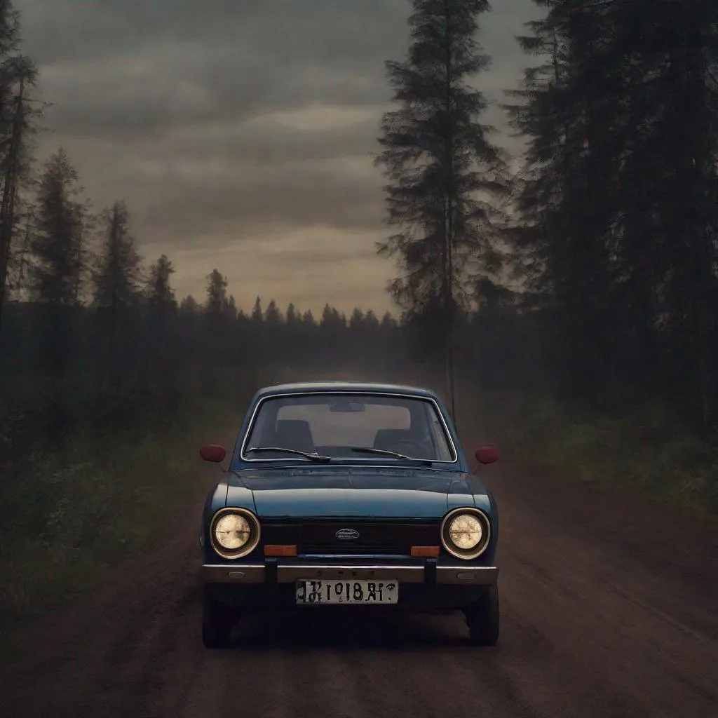 Prompt: Datsun 100A, afternoon, finland, dirt road,  dark, 4k, photorealistic, cinematic shot, atmospheric