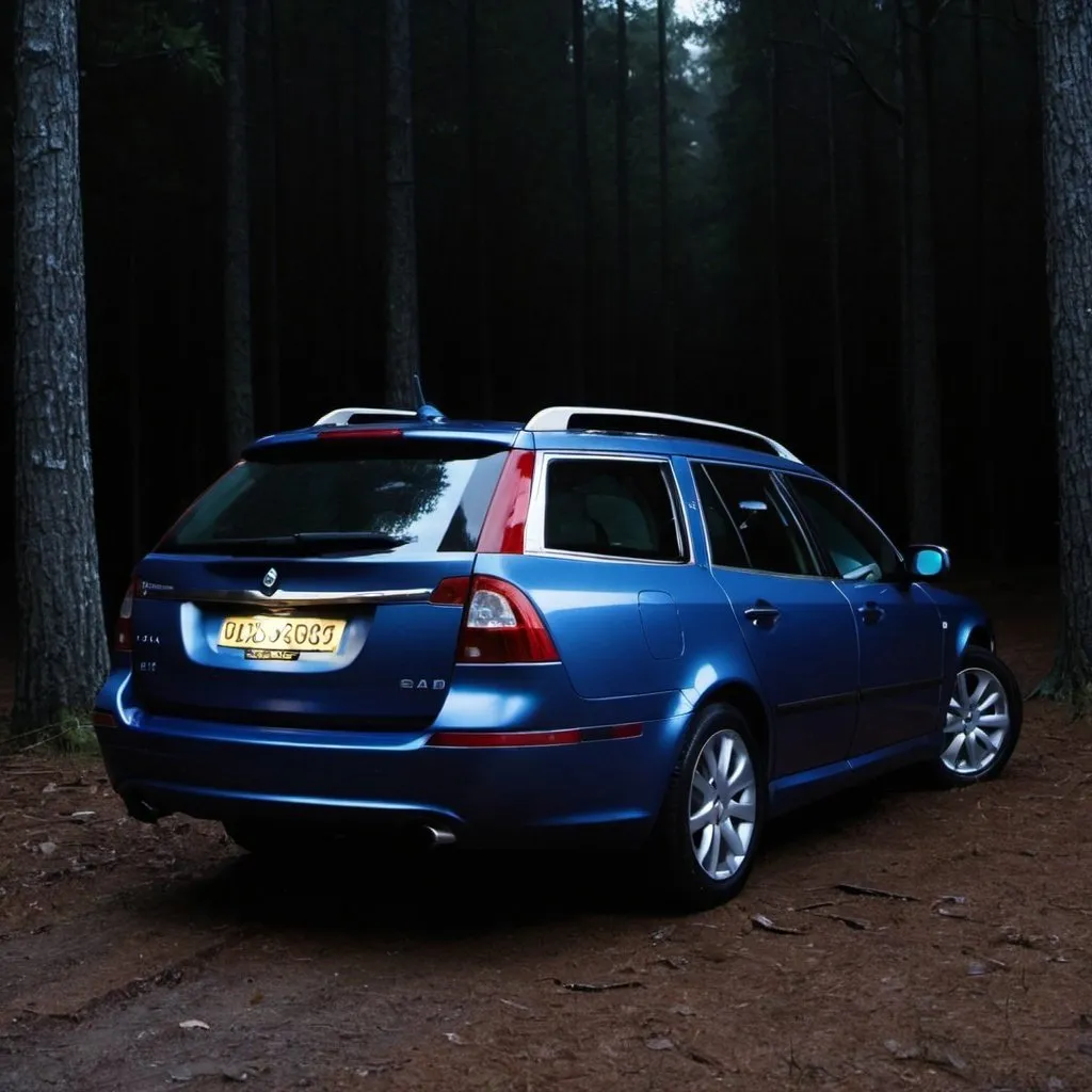 Prompt: blue 2007 saab 9-5 wagon, parked in a wooded area, dark forest, very dark night, the headlights are on, camera angle from the back of the car