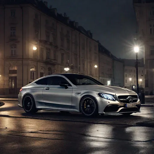 Prompt: Sleek Mercedes C63 AMG Coupe, 4k, photorealistic, cinematic shot, atmospheric, night, city, Poland
