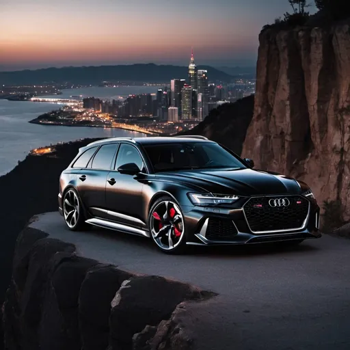 Prompt: black Audi RS6 sitting on the side of a cliff, overlooking a city skyline at dusk
