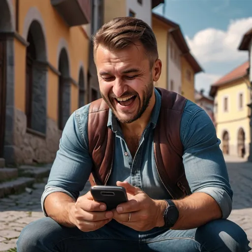 Prompt: bosnian man, squat position, looking at cellphone, laughing, Photorealistic. Full-colored photo. Professional photo. Highly detailed 8K.
